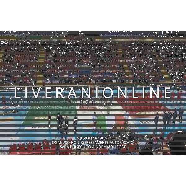 Roberto Bartomeoli/LMedia - Play Off - Cucine Lube Civitanova vs Sir Safety Conad Perugia - Volleyball Italian Serie A Men Superleague Championship 2021/2022 May 11 2022 - Eurosuole Forum Civitanova Marche, Italy Play Off - Cucine Lube Civitanova vs Sir Safety Conad Perugia Photo showing: Cucine Lube Civitanova and Sir Safety Conad Perugia players take to the volleyball court @Roberto Bartomeoli/LiveMedia / AGENZIA ALDO LIVERANI SAS