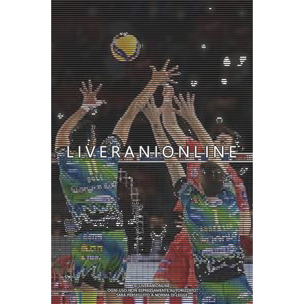 Roberto Bartomeoli/LMedia - Play Off - Cucine Lube Civitanova vs Sir Safety Conad Perugia - Volleyball Italian Serie A Men Superleague Championship 2021/2022 May 11 2022 - Eurosuole Forum Civitanova Marche, Italy Play Off - Cucine Lube Civitanova vs Sir Safety Conad Perugia Photo showing: Attack of Simone Anzani #17 (Cucine Lube Civitanova) and Block of Sebastian Sole #11 (Sir Safety Conad Perugia) and Matthew Anderson #1 (Sir Safety Conad Perugia) @Roberto Bartomeoli/LiveMedia / AGENZIA ALDO LIVERANI SAS