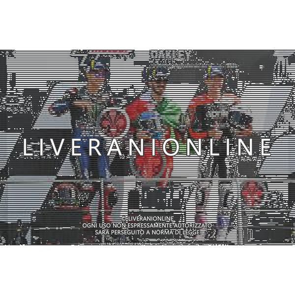 Alessio Marini/LMedia - Gran Premio d\'Italia Oakley Race - MotoGP World Championship<stagioneSportiva> May 29 2022 - Mugello International Circuit Scarperia (FI), Italy Gran Premio d\'Italia Oakley Race Photo showing: the podium of MotoGP with Espargaro Aleix Spa Aprilia Racing Aprilia (third place), Quartararo Fabio Fra Monster Energy Yamaha Motogp Yamaha (second place) and Bagnaia Francesco Ita Ducati Lenovo Team Ducati (first Place) @Alessio Marini/LiveMedia /AGENZIA ALDO LIVERANI SAS