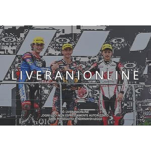 Alessio Marini/LMedia - Gran Premio d\'Italia Oakley Race Moto2, Moto3 - MotoGP World Championship<stagioneSportiva> May 29 2022 - Mugello International Circuit Mugello, Italy Gran Premio d\'Italia Oakley Race Moto2, Moto3 Photo showing: the moto2 podium Pedro Acosta SPA Red Bull KTM Ajo KALEX (first place), Joe Roberts USA Italtrans Racing Team KALEX (second place), and USA Italtrans Racing Team KALEX (second place), and Ai Ogura JPN IDEMITSU Honda Team Asia KALEX @Alessio Marini/LiveMedia /AGENZIA ALDO LIVERANI SAS