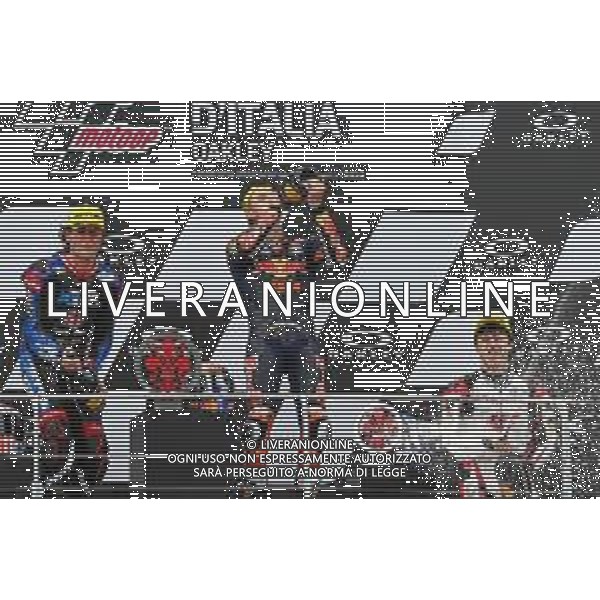 Alessio Marini/LMedia - Gran Premio d\'Italia Oakley Race Moto2, Moto3 - MotoGP World Championship<stagioneSportiva> May 29 2022 - Mugello International Circuit Mugello, Italy Gran Premio d\'Italia Oakley Race Moto2, Moto3 Photo showing: the moto2 podium Pedro Acosta SPA Red Bull KTM Ajo KALEX (first place), Joe Roberts USA Italtrans Racing Team KALEX (second place), and USA Italtrans Racing Team KALEX (second place), and Ai Ogura JPN IDEMITSU Honda Team Asia KALEX @Alessio Marini/LiveMedia /AGENZIA ALDO LIVERANI SAS
