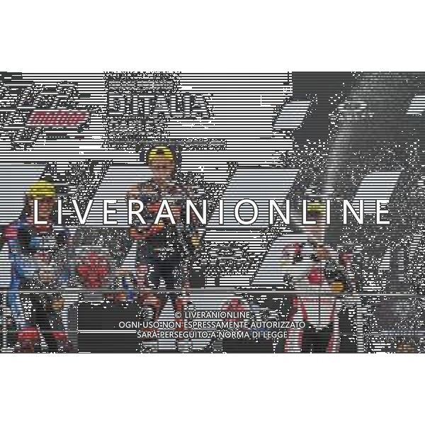 Alessio Marini/LMedia - Gran Premio d\'Italia Oakley Race Moto2, Moto3 - MotoGP World Championship<stagioneSportiva> May 29 2022 - Mugello International Circuit Mugello, Italy Gran Premio d\'Italia Oakley Race Moto2, Moto3 Photo showing: the moto2 podium Pedro Acosta SPA Red Bull KTM Ajo KALEX (first place), Joe Roberts USA Italtrans Racing Team KALEX (second place), and USA Italtrans Racing Team KALEX (second place), and Ai Ogura JPN IDEMITSU Honda Team Asia KALEX @Alessio Marini/LiveMedia /AGENZIA ALDO LIVERANI SAS