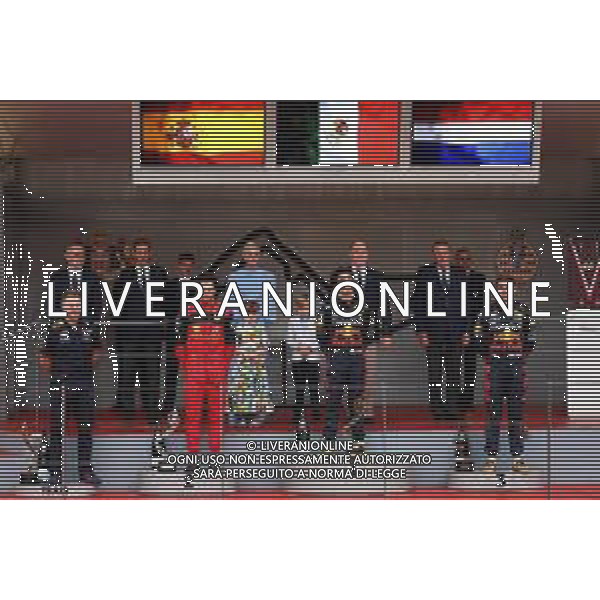The podium (L to R): Christian Horner (GBR) Red Bull Racing Team Principal; Carlos Sainz Jr (ESP) Ferrari, second; Sergio Perez (MEX) Red Bull Racing, race winner; Max Verstappen (NLD) Red Bull Racing, third. 29.05.2022. Formula 1 World Championship, Rd 7, Monaco Grand Prix, Monte Carlo, Monaco, Race Day. - www.xpbimages.com, EMail: requests@xpbimages.com © Copyright: Batchelor / XPB Images/AGENZIA ALDO LIVERANI SAS - ITALY ONLY EDITORIAL USE ONLY