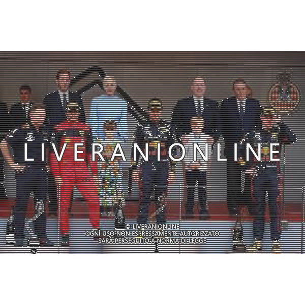 The podium (L to R): Christian Horner (GBR) Red Bull Racing Team Principal; Carlos Sainz Jr (ESP) Ferrari, second; Sergio Perez (MEX) Red Bull Racing, race winner; Max Verstappen (NLD) Red Bull Racing, third. 29.05.2022. Formula 1 World Championship, Rd 7, Monaco Grand Prix, Monte Carlo, Monaco, Race Day. - www.xpbimages.com, EMail: requests@xpbimages.com © Copyright: Batchelor / XPB Images/AGENZIA ALDO LIVERANI SAS - ITALY ONLY EDITORIAL USE ONLY