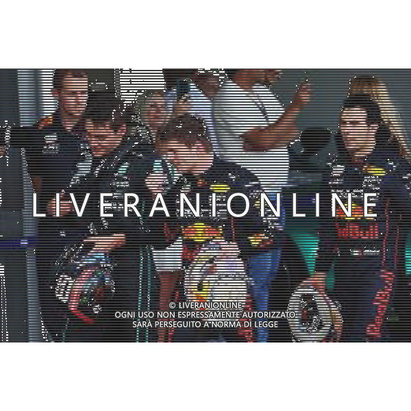 Race winner Max Verstappen (NLD) Red Bull Racing (Centre) in parc ferme with third placed George Russell (GBR) Mercedes AMG F1 (Left) and second placed Sergio Perez (MEX) Red Bull Racing (Right). 12.06.2022. Formula 1 World Championship, Rd 8, Azerbaijan Grand Prix, Baku Street Circuit, Azerbaijan, Race Day. - www.xpbimages.com, EMail: requests@xpbimages.com © Copyright: Batchelor / XPB Images/AGENZIA ALDO LIVERANI SAS - ITALY ONLY EDITORIAL USE ONLY