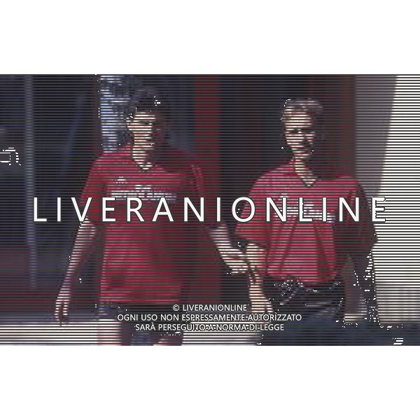 RETROSPETTIVA AGOSTINI MASSIMO CALCIATORE NELLA FOTO MASSIMO AGOSTINI CON LA MAGLIA DEL MILAN CALCIO CON GIANLUCA GAUDENZI AG ALDO LIVERANI SAS