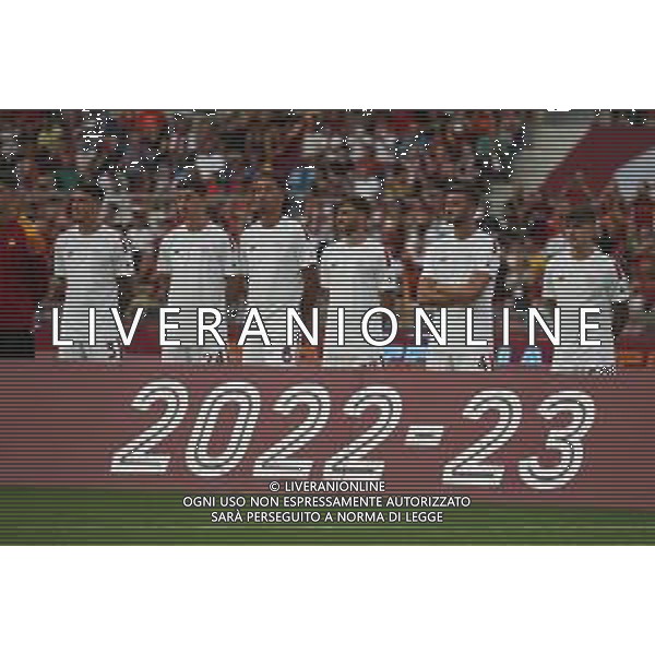 Roma 07/08/2022 Stadio Olimpico Amichevole : AS Roma v Shakhtar Donetsk Roger Ibanez (Roma) , Marash Kumbulla (Roma) , Chris Smalling (Roma) , Vina (Roma) , Bryan Cristante (Roma) , Nicola Zalewski (Roma) ©PEffe/AGENZIA ALDO LIVERANIN SAS