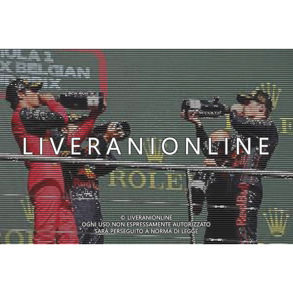 1st place Max Verstappen (NLD) Red Bull Racing RB18, 2nd place Sergio Perez (MEX) Red Bull Racing RB18 and 3rd place Carlos Sainz Jr (ESP) Ferrari F1-75. 28.08.2022. Formula 1 World Championship, Rd 14, Belgian Grand Prix, Spa Francorchamps, Belgium, Race Day. - www.xpbimages.com, EMail: requests@xpbimages.com © Copyright: Batchelor / XPB Images/AGENZIA ALDO LIVERANI SAS - ITALY ONLY EDITORIAL USE ONLY