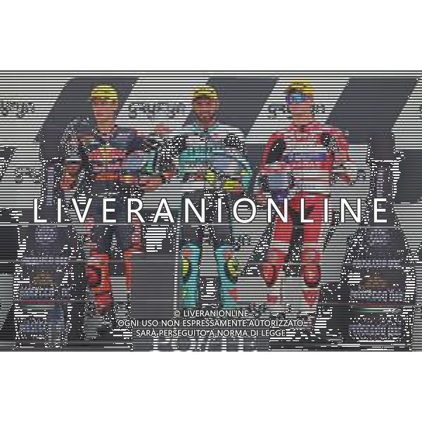 MOTOMONDIALE 2022 - GRAN PREMIO GRYFYN DI SAN MARINO E DELLA RIVIERA DI RIMINI 04/09/2022 nella foto: Dennis Foggia sul podio vince la gara di moto 3 con Jaume Masia e Izan Guevara ©Claudio Zamagni/Agenzia Aldo Liverani