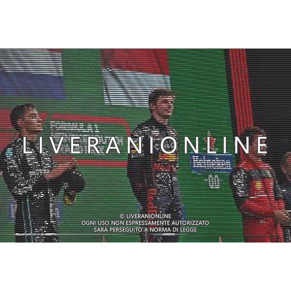 The podium (L to R): George Russell (GBR) Mercedes AMG F1, second; Max Verstappen (NLD) Red Bull Racing, race winner; Charles Leclerc (MON) Ferrari, third. 04.09.2022. Formula 1 World Championship, Rd 14, Dutch Grand Prix, Zandvoort, Netherlands, Race Day. - www.xpbimages.com, EMail: requests@xpbimages.com © Copyright: Bearne / XPB Images/AGENZIA ALDO LIVERANI SAS - ITALY ONLY EDITORIAL USE ONLY