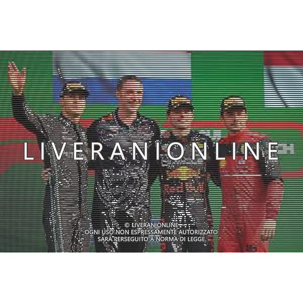 The podium (L to R): George Russell (GBR) Mercedes AMG F1, second; Max Verstappen (NLD) Red Bull Racing, race winner; Charles Leclerc (MON) Ferrari, third. 04.09.2022. Formula 1 World Championship, Rd 14, Dutch Grand Prix, Zandvoort, Netherlands, Race Day. - www.xpbimages.com, EMail: requests@xpbimages.com © Copyright: Moy / XPB Images/AGENZIA ALDO LIVERANI SAS - ITALY ONLY EDITORIAL USE ONLY