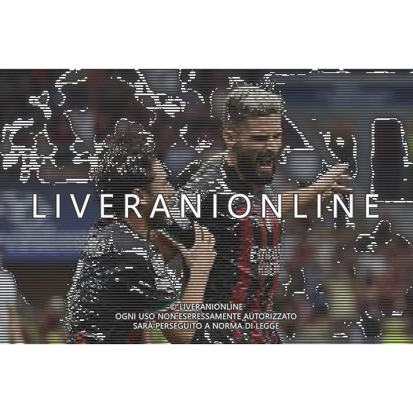 Olivier Giroud (Milan) esulta dopo il gol dell\'1 a 0 con davide calabria Milan vs Dinamo Zagabria Milano 14-09-2022 Stadio Giuseppe Meazza - San Siro UEFA Champions League fase a gironi gruppo E - 2a giornata foto Roberto Garavaglia/ag. Aldo Liverani sas /AGENZIA ALDO LIVERANI SAS