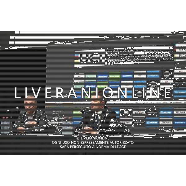 22-09-2022 Conferenza Stampa Mondiali Haute Savoie 2027; Hinault, Bernard; Lappartient, David; Wollongong; - Conferenza Stampa dell\'Uci per l\'assegnazione dei Mondiali di ciclismo del 2027 alla Francia, nella regione dell\'Alta Savoia. 22.09.2022 ©SIROTTI/AGENZIA ALDO LIVERANI SAS
