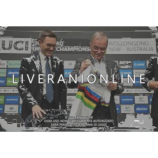 22-09-2022 Conferenza Stampa Mondiali Haute Savoie 2027; Lappartient, David; Hinault, Bernard; Wollongong; - Conferenza Stampa dell\'Uci per l\'assegnazione dei Mondiali di ciclismo del 2027 alla Francia, nella regione dell\'Alta Savoia. 22.09.2022 ©SIROTTI/AGENZIA ALDO LIVERANI SAS