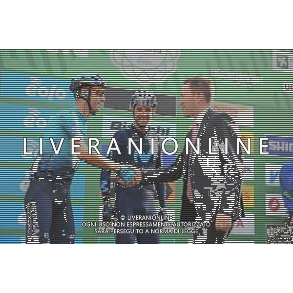 08-10-2022 Giro Di Lombardia; 2022, Movistar; 2022, Astana - Qazaqstan; Valverde, Alejandro; Nibali, Vincenzo; Lappartient, David; Bergamo; ©SIROTTI/AGENZIA ALDO LIVERANI SAS
