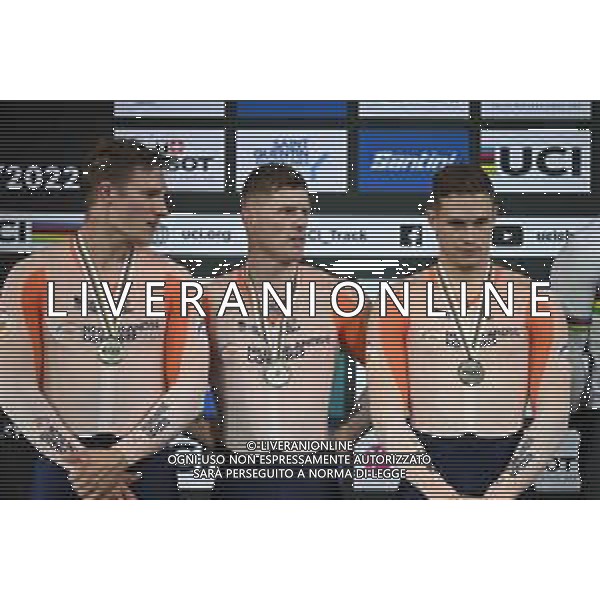 12-10-2022 World Championships Track; Giornata 01; 2022, Olanda; Van Den Berg, Roy; Lavreysen, Harrie; Hoogland, Jeffrey; Saint Quentin En Yvelines; ©SIROTTI / AGENZIA ALDO LIVERANI SAS