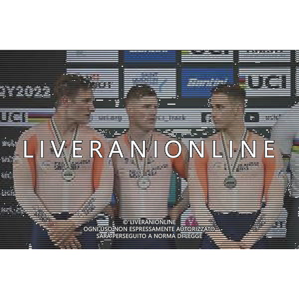 12-10-2022 World Championships Track; Giornata 01; 2022, Olanda; Van Den Berg, Roy; Lavreysen, Harrie; Hoogland, Jeffrey; Saint Quentin En Yvelines; ©SIROTTI / AGENZIA ALDO LIVERANI SAS