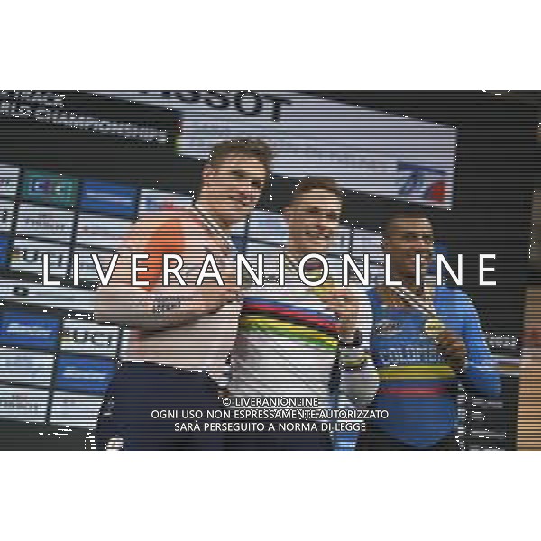 13-10-2022 World Championships Elite Track; Giornata 02; 2022, Olanda; 2022, Colombia; Lavreysen, Harrie; Hoogland, Jeffrey; Quintero Chavarro, Kevin Santiago; Saint Quentin En Yvelines; ©SIROTTI / AGENZIA ALDO LIVERANI SAS
