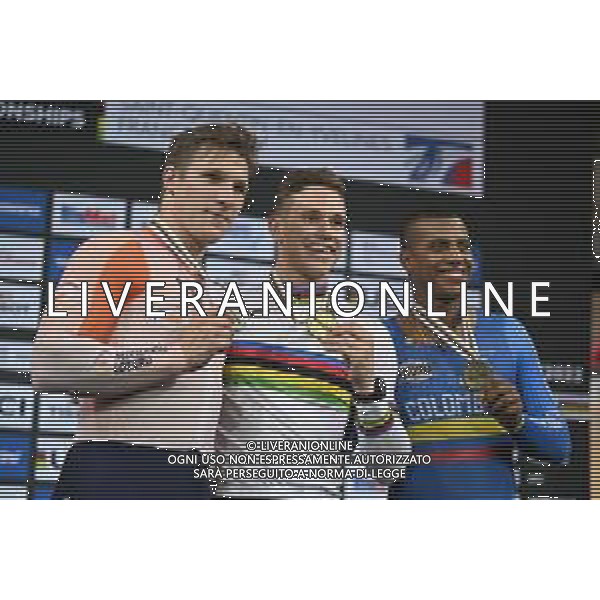 13-10-2022 World Championships Elite Track; Giornata 02; 2022, Olanda; 2022, Colombia; Lavreysen, Harrie; Hoogland, Jeffrey; Quintero Chavarro, Kevin Santiago; Saint Quentin En Yvelines; ©SIROTTI / AGENZIA ALDO LIVERANI SAS