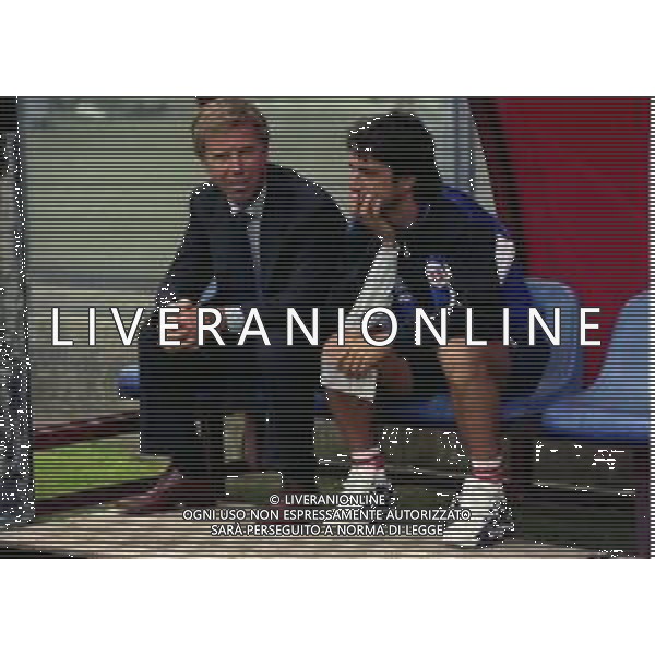 14-09-1997 COMO CAMPIONATO DI CALCIO SERIE C1 COMO-LUMEZZANE 1-1 NELLA FOTO ENRICO PREZIOSI PRESIDENTE COMO CALCIO CON L\'ALLENATORE MARIO BERETTA AG ALDO LIVERANI SAS