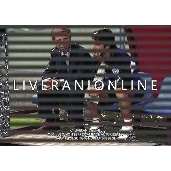 14-09-1997 COMO CAMPIONATO DI CALCIO SERIE C1 COMO-LUMEZZANE 1-1 NELLA FOTO ENRICO PREZIOSI PRESIDENTE COMO CALCIO CON L\'ALLENATORE MARIO BERETTA AG ALDO LIVERANI SAS
