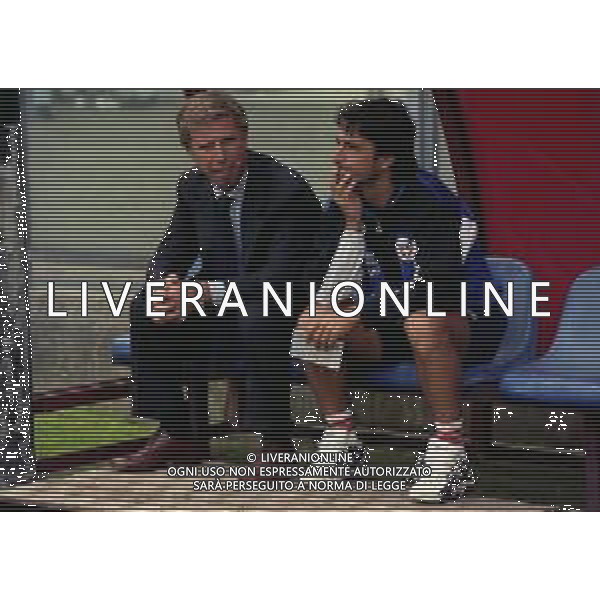 14-09-1997 COMO CAMPIONATO DI CALCIO SERIE C1 COMO-LUMEZZANE 1-1 NELLA FOTO ENRICO PREZIOSI PRESIDENTE COMO CALCIO CON L\'ALLENATORE MARIO BERETTA AG ALDO LIVERANI SAS