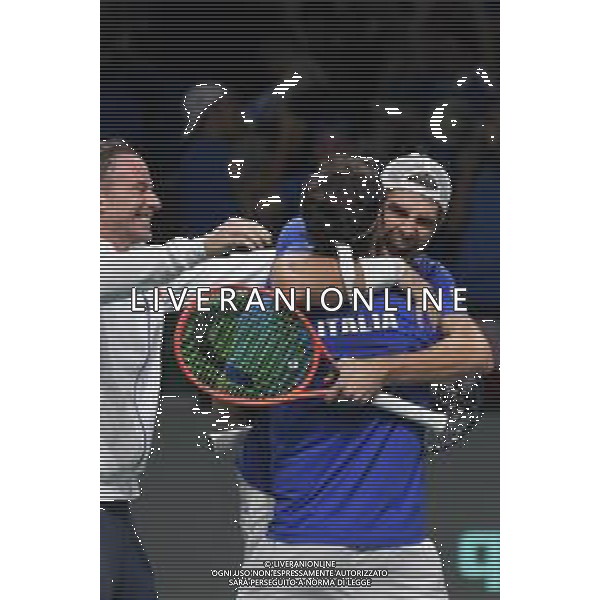 MALAGA, Spagna 24 Novembre Fabio Fognin, Fillippo Volandrii e Simone Bolelli festeggiano la vittoria nei quarti di finale di Davis Cup by Rakuten Finals 2022 al Palacio de los Deportes Jose Maria Martin Carpena di Malaga ©Andrea Rosito / AGENZIA ALDO LIVERANI SAS