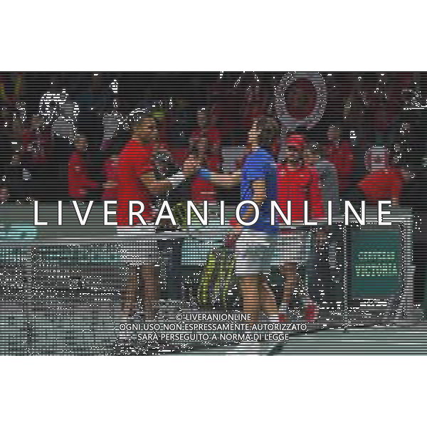 MALAGA, Spagna 26 Novembre 2022 Feliex Auger-Aliassime e Lorenzo Musetti durante la semifinale di finale di Davis Cup by Rakuten Finals 2022 al Palacio de los Deportes Jose Maria Martin Carpena di Malaga ©Andrea Rosito / AGENZIA AGENZIA ALDO LIVERANI SAS