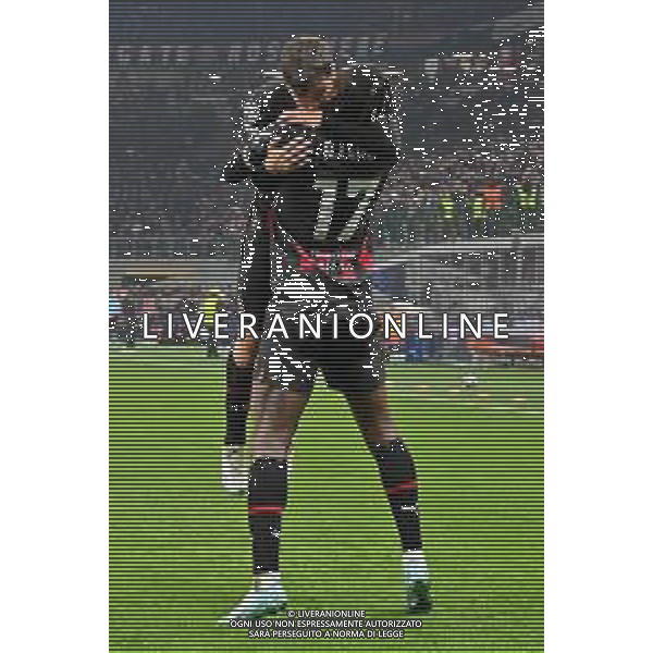 Brahim Diaz (Milan) e Rafael Leao (Milan) esultano dopo il gol dell\'1 a 0 Milan vs Tottenham Hotspur Milano 14-02-2023 Stadio Giuseppe Meazza - San Siro UEFA Champions League ottavi di finale - gara di andata foto Roberto Garavaglia/ag. Aldo Liverani sas/AGENZIA ALDO LIVERANI SAS
