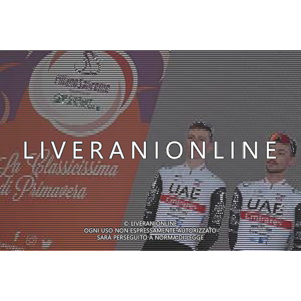 17-03-2023 Presentazione Squadre Milano - Sanremo 2023; 2023, Uae Emirates; Pogacar, Tadej; Covi, Alessandro; Abbiategrasso; ©SIROTTI / AGENZIA ALDO LIVERANI SAS