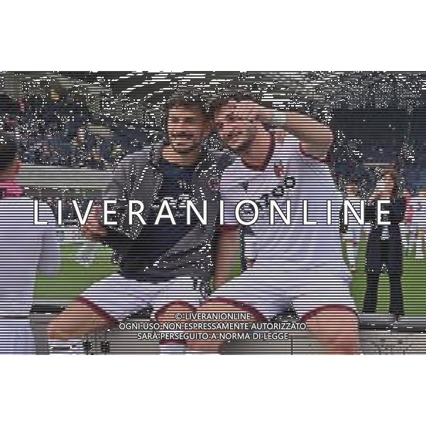TVRG Nicola Sansone (Bologna) SX e Riccardo Orsolini (Bologna) DX esultanza a fine partita Atalanta vs Bologna Bergamo 08-04-2023 Gewiss Stadium - Stadio Atleti Azzurri d\'Italia Campionato Serie A TIM - 29a giornata foto Roberto Garavaglia/ag. Aldo Liverani sas / AGENZIA ALDO LIVERANI SAS