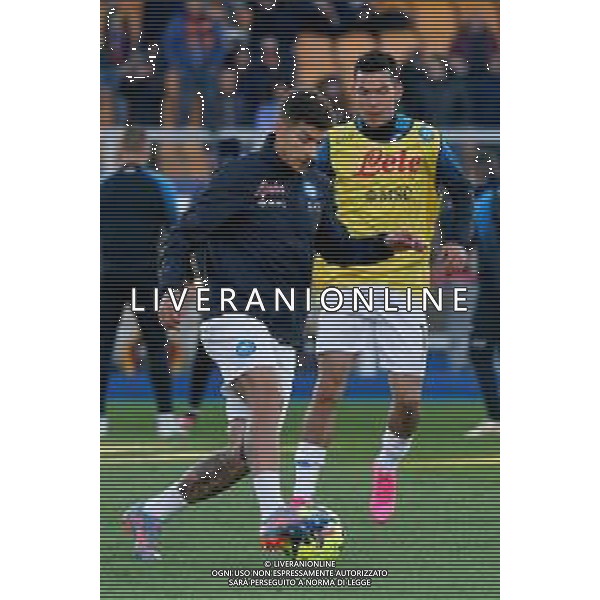 Giovanni Di Lorenzo (SSC Napoli) and Hirving Lozano (SSC Napoli) warm up during the Italian soccer Serie A match US Lecce vs SSC Napoli on April 7, 2023 at the Via del Mare stadium in Lecce, Italy. Photo by Emmanuele Mastrodonato/ag. Aldo Liverani sas/ AGENZIA ALDO LIVERANI SAS