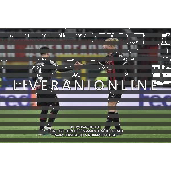 Ismael Bennacer (Milan) e Simon Kjaer (Milan) esultano dopo il gol dell\'1 a 0 Milan vs Napoli Milano 12-04-2023 Stadio Giuseppe Meazza - San Siro UEFA Champions League quarti di finale - gara di andata foto Roberto Garavaglia/ag. Aldo Liverani sas/ AGENZIA ALDO LIVERANI SAS