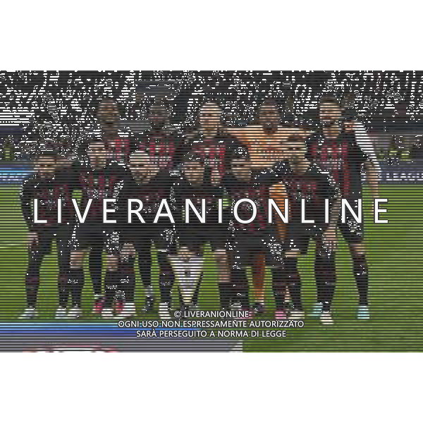 formazione Milan, in piedi da SX Rafael Leao, Fikayo Tomori, Simon Kjaer, Mike Maignan e Olivier Giroud; in basso da SX Ismael Bennacer, Sandro Tonali, Theo Hernandez, Davide Calabria, Brahim Diaz e Rade Krunic Milan vs Napoli Milano 12-04-2023 Stadio Giuseppe Meazza - San Siro UEFA Champions League quarti di finale - gara di andata foto Roberto Garavaglia/ag. Aldo Liverani sas