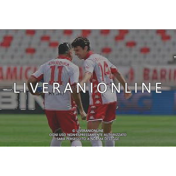 Waild Cheddira (SSC Bari) celebrates after scoring a goal with Gregorio Morachioli (SSC Bari) during the Serie B match between SSC Bari and Como 1907 at Stadio San Nicola on April 15, 2023 in Bari, Italy. Photo by Emmanuele Mastrodonato/ag. Aldo Liverani sas