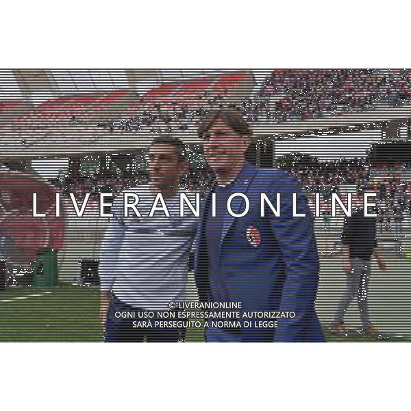 coach Michele Mignani (SSC Bari) and Coach Moreno Longo (Como 1907) during the Serie B match between SSC Bari and Como 1907 at Stadio San Nicola on April 15, 2023 in Bari, Italy. Photo by Emmanuele Mastrodonato/ag. Aldo Liverani sas