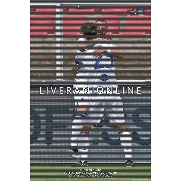 Jesé Rodríguez (UC Sampdoria) celebrates after scoring a goal with Manolo Gabbiadini (UC Sampdoria) during the Italian soccer Serie A match US Lecce vs UC Sampdoria on April 16, 2023 at the Via del Mare stadium in Lecce, Italy. Photo by Emmanuele Mastrodonato/ag. Aldo Liverani sas / AGENZIA ALDO LIVERANI SAS