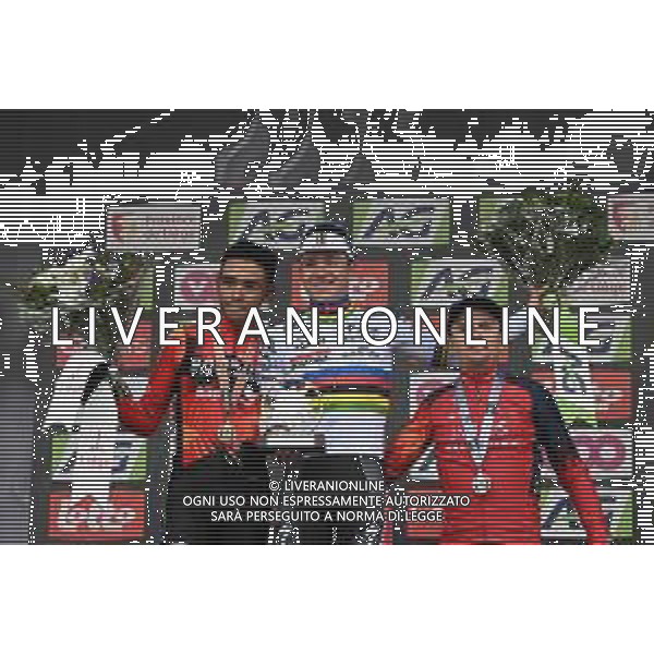 23-04-2023 Liege - Bastogne - Liege; 2023, Soudal - Quickstep; 2023, Bahrain - Victorious; 2023, Ineos Grenadiers; Evenepoel, Remco; Buitrago Sanchez, Santiago; Pidcock, Thomas; Liegi; ©SIROTTI / AGENZIA ALDO LIVERANI SAS