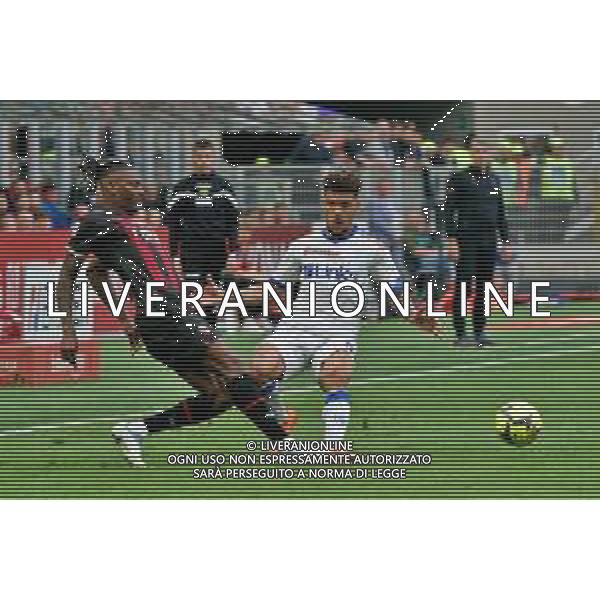 Rafael Leao (AC Milan) and Valentin Gendrey (US Lecce) during the Italian soccer Serie A match AC Milan vs US Lecce on April 23, 2023 at Giuseppe Meazza Stadium in Milan, Italy. Photo by Emmanuele Mastrodonato/ag. Aldo Liverani sas/ AGENZIA ALDO LIVERANI SAS