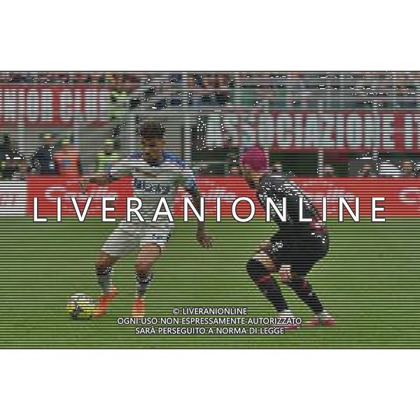 Valentin Gendrey (US Lecce) and Theo Hernández (AC Milan) during the Italian soccer Serie A match AC Milan vs US Lecce on April 23, 2023 at Giuseppe Meazza Stadium in Milan, Italy. Photo by Emmanuele Mastrodonato/ag. Aldo Liverani sas/ AGENZIA ALDO LIVERANI SAS