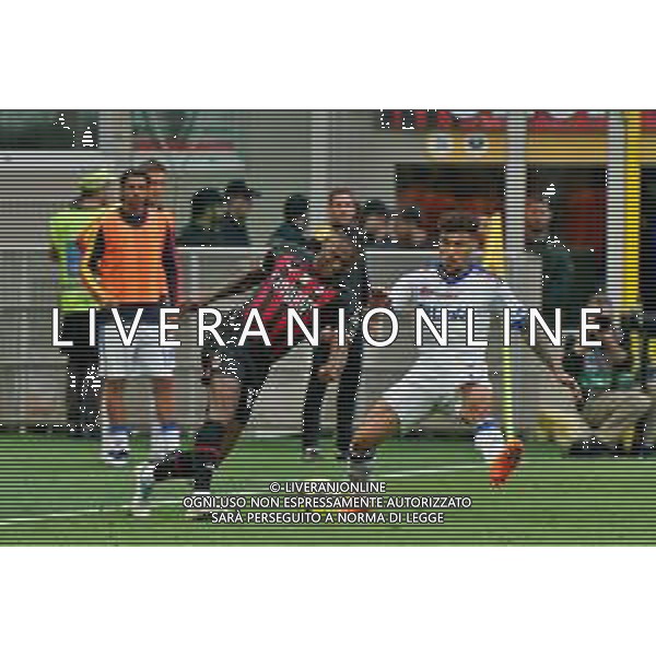 Rafael Leao (AC Milan) and Valentin Gendrey (US Lecce) during the Italian soccer Serie A match AC Milan vs US Lecce on April 23, 2023 at Giuseppe Meazza Stadium in Milan, Italy. Photo by Emmanuele Mastrodonato/ag. Aldo Liverani sas/ AGENZIA ALDO LIVERANI SAS