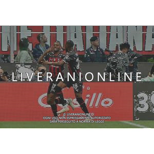 Rafael Leao (AC Milan) celebrates after scoring a goal with Fikayo Tomori (AC Milan) during the Italian soccer Serie A match AC Milan vs US Lecce on April 23, 2023 at Giuseppe Meazza Stadium in Milan, Italy. Photo by Emmanuele Mastrodonato/ag. Aldo Liverani sas/ AGENZIA ALDO LIVERANI SAS