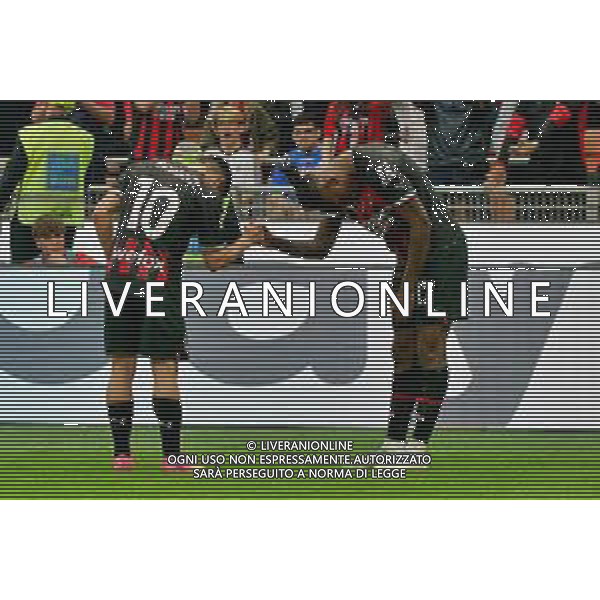 Rafael Leao (AC Milan) celebrates after scoring a goal with Brahim Díaz (AC Milan) during the Italian soccer Serie A match AC Milan vs US Lecce on April 23, 2023 at Giuseppe Meazza Stadium in Milan, Italy. Photo by Emmanuele Mastrodonato/ag. Aldo Liverani sas/ AGENZIA ALDO LIVERANI SAS