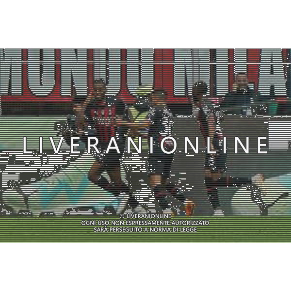 Rafael Leao (AC Milan) celebrates after scoring a goal with Junior Messias (AC Milan) during the Italian soccer Serie A match AC Milan vs US Lecce on April 23, 2023 at Giuseppe Meazza Stadium in Milan, Italy. Photo by Emmanuele Mastrodonato/ag. Aldo Liverani sas/ AGENZIA ALDO LIVERANI SAS