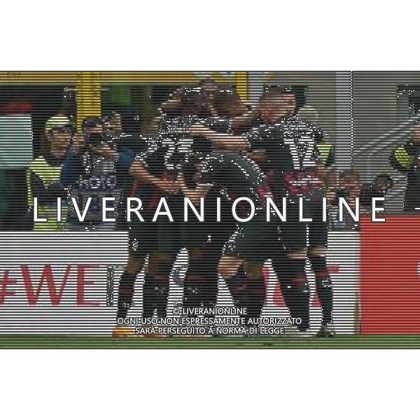 Rafael Leao (AC Milan) celebrates after scoring a goal with teammates during the Italian soccer Serie A match AC Milan vs US Lecce on April 23, 2023 at Giuseppe Meazza Stadium in Milan, Italy. Photo by Emmanuele Mastrodonato/ag. Aldo Liverani sas/ AGENZIA ALDO LIVERANI SAS