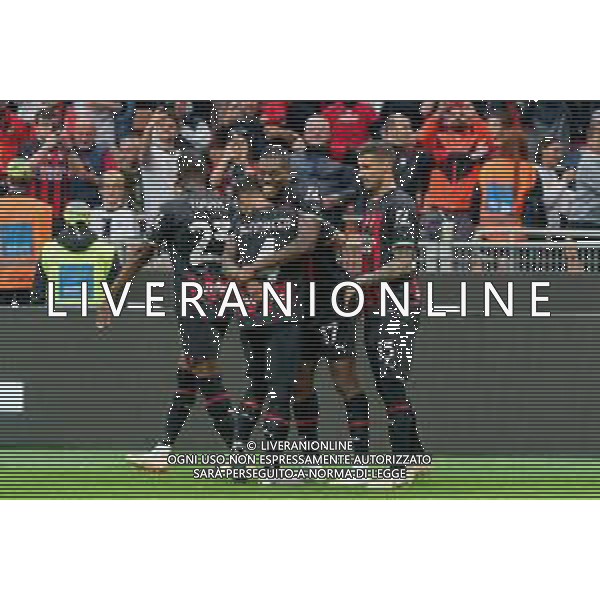 Rafael Leao (AC Milan) celebrates after scoring a goal with Ismaël Bennacer (AC Milan) during the Italian soccer Serie A match AC Milan vs US Lecce on April 23, 2023 at Giuseppe Meazza Stadium in Milan, Italy. Photo by Emmanuele Mastrodonato/ag. Aldo Liverani sas/ AGENZIA ALDO LIVERANI SAS