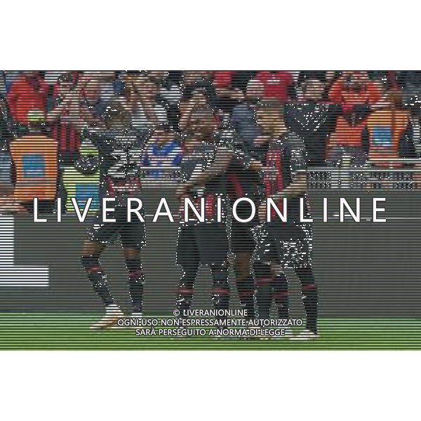 Rafael Leao (AC Milan) celebrates after scoring a goal with Ismaël Bennacer (AC Milan) during the Italian soccer Serie A match AC Milan vs US Lecce on April 23, 2023 at Giuseppe Meazza Stadium in Milan, Italy. Photo by Emmanuele Mastrodonato/ag. Aldo Liverani sas/ AGENZIA ALDO LIVERANI SAS