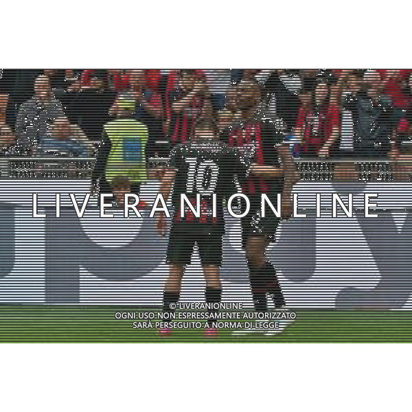 Rafael Leao (AC Milan) celebrates after scoring a goal with Brahim Díaz (AC Milan) during the Italian soccer Serie A match AC Milan vs US Lecce on April 23, 2023 at Giuseppe Meazza Stadium in Milan, Italy. Photo by Emmanuele Mastrodonato/ag. Aldo Liverani sas/ AGENZIA ALDO LIVERANI SAS