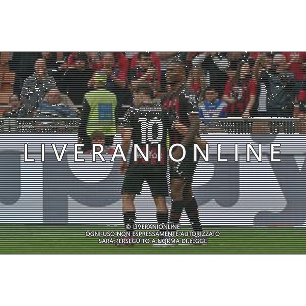 Rafael Leao (AC Milan) celebrates after scoring a goal with Brahim Díaz (AC Milan) during the Italian soccer Serie A match AC Milan vs US Lecce on April 23, 2023 at Giuseppe Meazza Stadium in Milan, Italy. Photo by Emmanuele Mastrodonato/ag. Aldo Liverani sas/ AGENZIA ALDO LIVERANI SAS