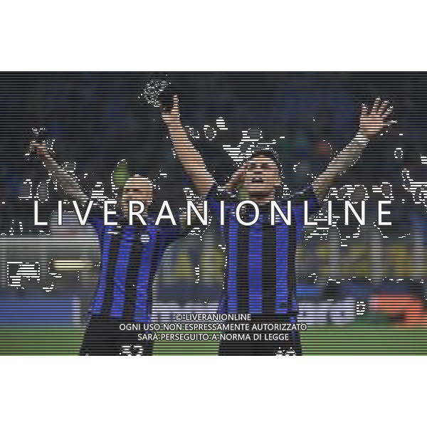 Federico Dimarco (Inter) e Lautaro Martinez (Inter) esultanza a fine partita Inter vs Milan Milano 16-05-2023 Stadio Giuseppe Meazza - San Siro UEFA Champions League semifinale - gara di ritorno foto Roberto Garavaglia/ag. Aldo Liverani sas/ AGENZIA ALDO LIVERANI SAS